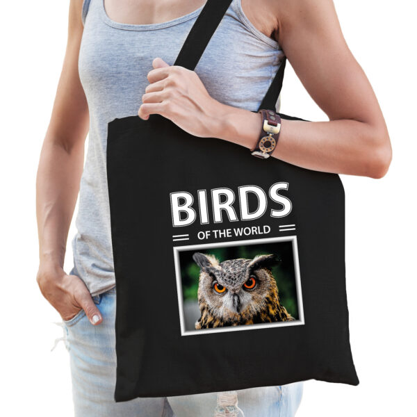 Uil tasje zwart volwassenen en kinderen - birds of the world kado boodschappen tas