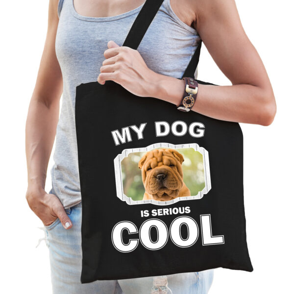 Katoenen tasje my dog is serious cool zwart - Shar pei honden cadeau tas