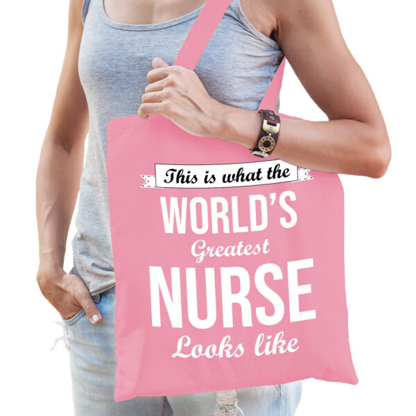Cadeau tas voor verpleegkundige - roze - katoen - 42 x 38 cm - world's greatest nurse