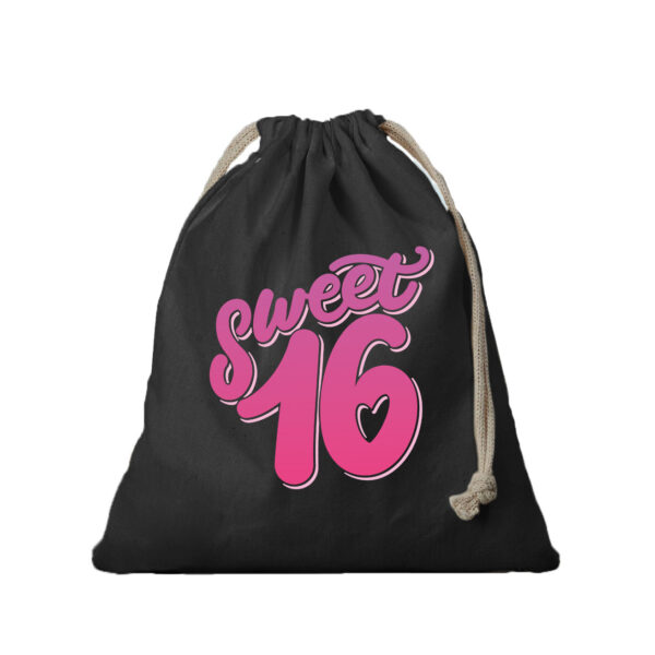 1x Katoenen tasje/ cadeautasje verjaardag Sweet 16 zwart 25 x 30 cm
