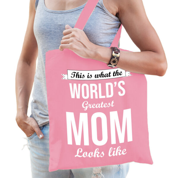 Bellatio Decorations Moederdag cadeau tas - world's greatest mom? - roze - katoen - 42 x 38 cm
