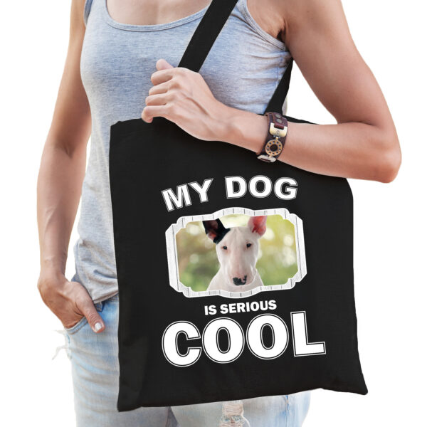 Katoenen tasje my dog is serious cool zwart - Bullterrier honden cadeau tas