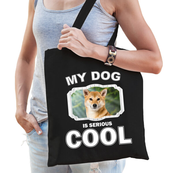 Shiba inu honden tasje zwart volwassenen en kinderen - my dog serious is cool kado boodschappentasje