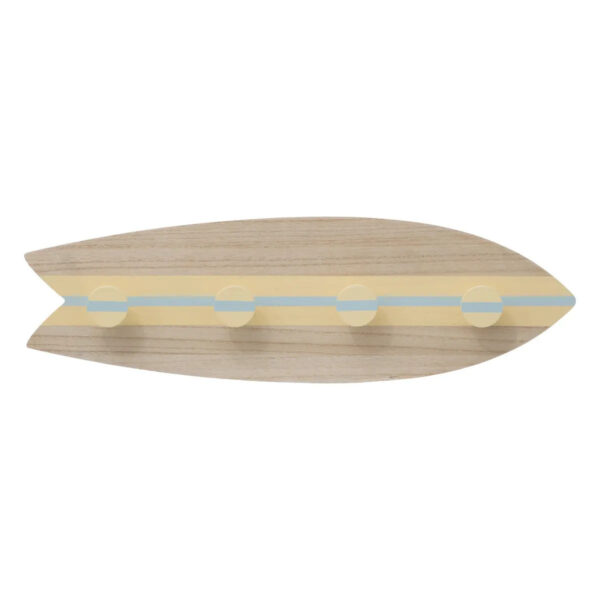 Wand kapstok Surfplank - 4 ophang haken - hout - 54 x 16 cm - beige - decoratief