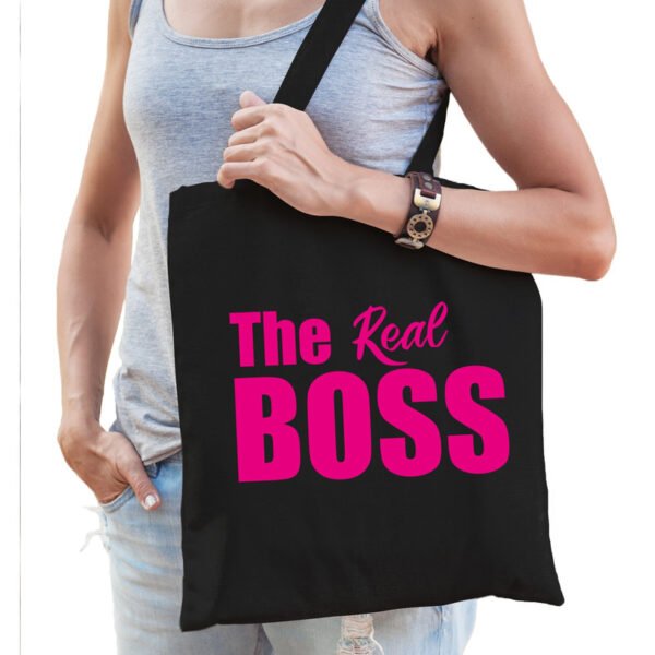 Zwart katoenen tas The real boss roze tekst dames