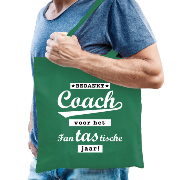 Bellatio Decorations cadeau tas voor coach/trainer - bedankt - groen - katoen - 42 x 38 cm