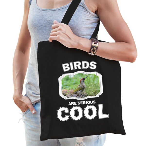 Katoenen tasje birds are serious cool zwart - vogels/ groene specht cadeau tas