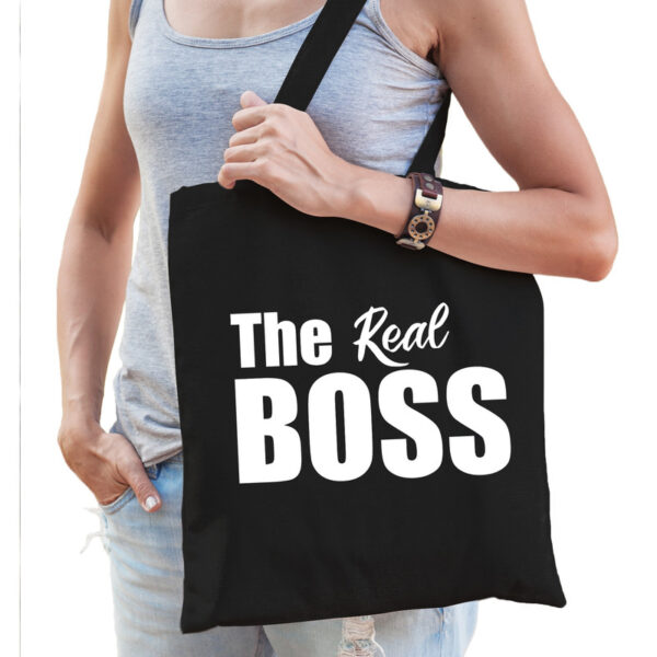 Zwart katoenen tas The real boss witte tekst dames