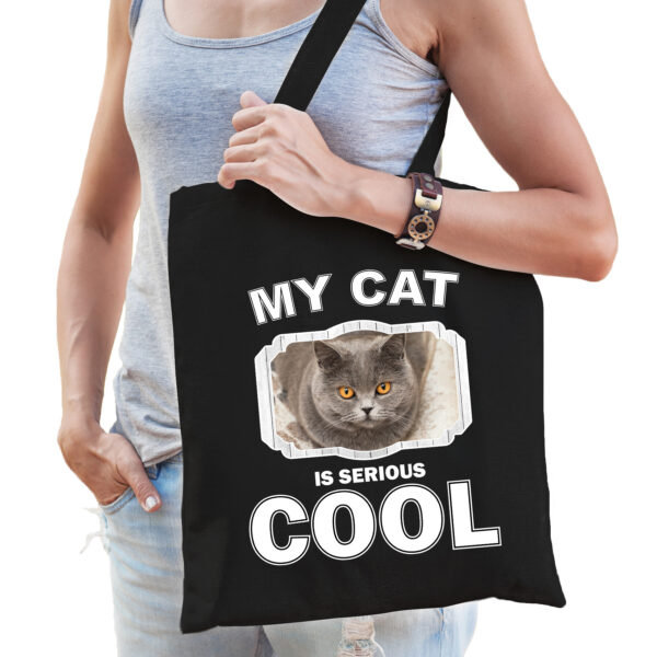 Katoenen tasje my cat is serious cool zwart - Britse kortharen / katten cadeau tas