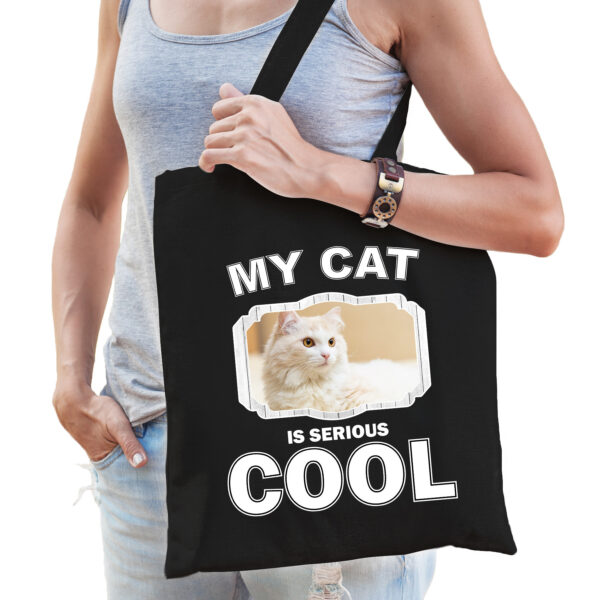 Katoenen tasje my cat is serious cool zwart - Witte katten / katten cadeau tas