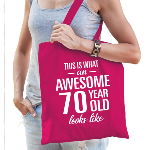 Awesome 70 year - geweldig 70 jaar cadeau tas - roze - voor dames - shopper