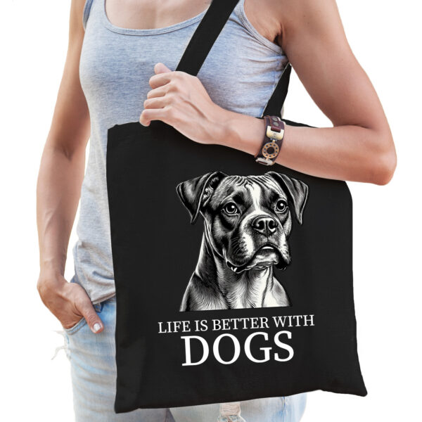 Cadeau tas voor hondenliefhebbers - zwart - Boxer hond - katoen - 42 x 38 cm
