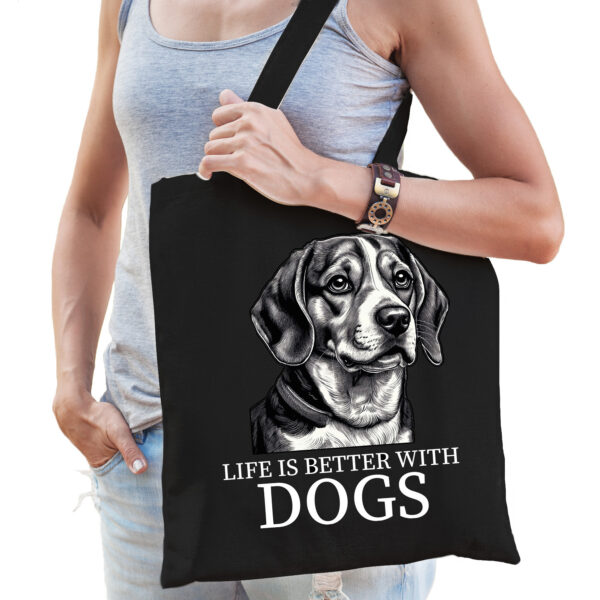 Cadeau tas voor hondenliefhebbers - zwart - Beagle hond - katoen - 42 x 38 cm