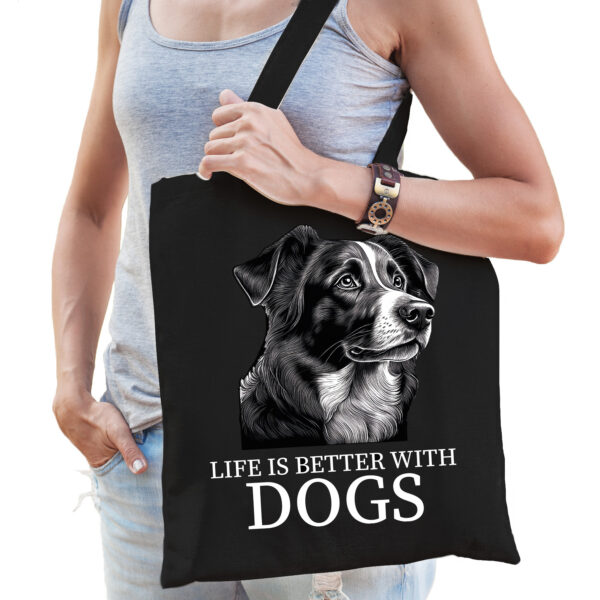 Cadeau tas voor hondenliefhebbers - zwart - Border Collie hond - katoen - 42 x 38 cm