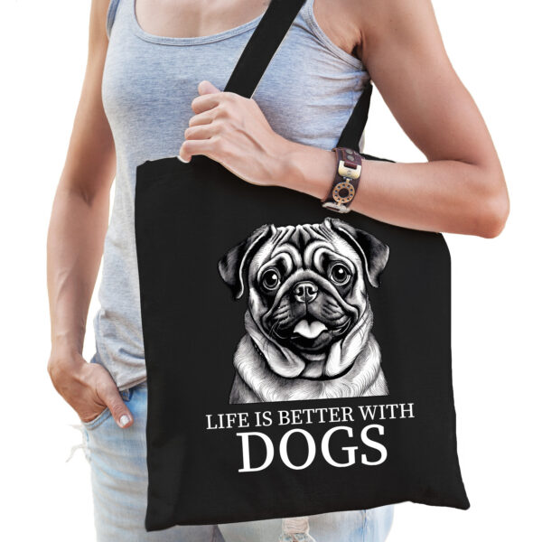 Cadeau tas voor hondenliefhebbers - zwart - Mopshond hond - katoen - 42 x 38 cm