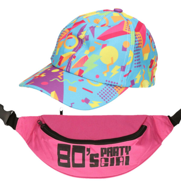Foute 80s/90s party verkleed set pet en heuptasje - dames - jaren 80/90 verkleed accessoires