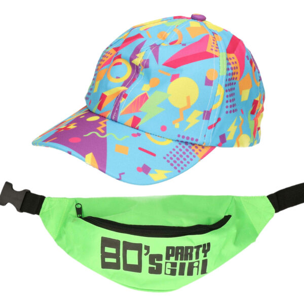 Foute 80s/90s party verkleed set pet en heuptasje - dames - jaren 80/90 verkleed accessoires
