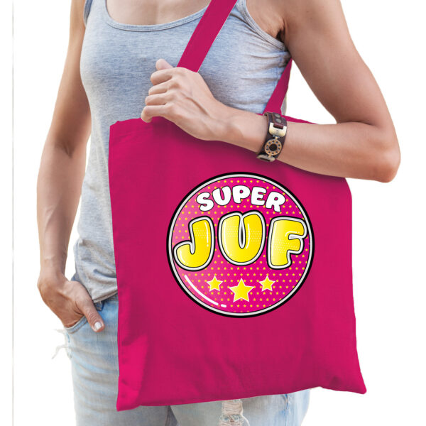 Bellatio Decorations cadeau tas voor juf - fuchsia roze - katoen - 42 x 38 cm - juffendag