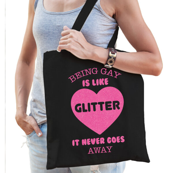 Bellatio Decorations Gay Pride tas dames - being gay is like glitter - zwart - katoen - 42 x 38 cm