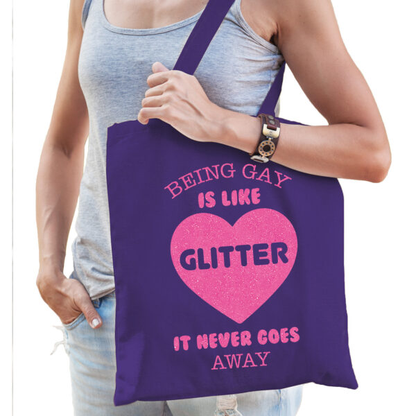 Bellatio Decorations Gay Pride tas dames - being gay is like glitter - paars - katoen - 42 x 38 cm