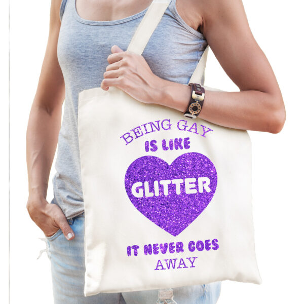 Bellatio Decorations Gay Pride tas dames - being gay is like glitter - wit - katoen - 42 x 38 cm