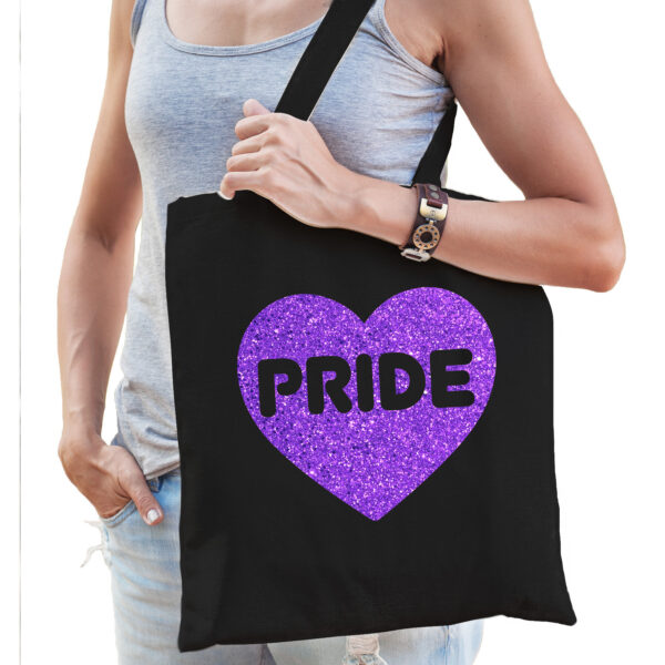 Bellatio Decorations Gay Pride tas dames - zwart - katoen - 42 x 38 cm - paars glitter hart - LHBTI