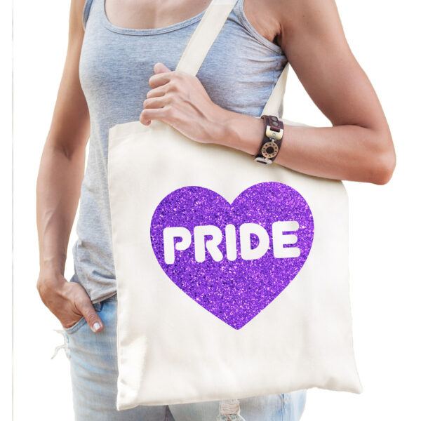 Bellatio Decorations Gay Pride tas dames - wit - katoen - 42 x 38 cm - paars glitter hart - LHBTI
