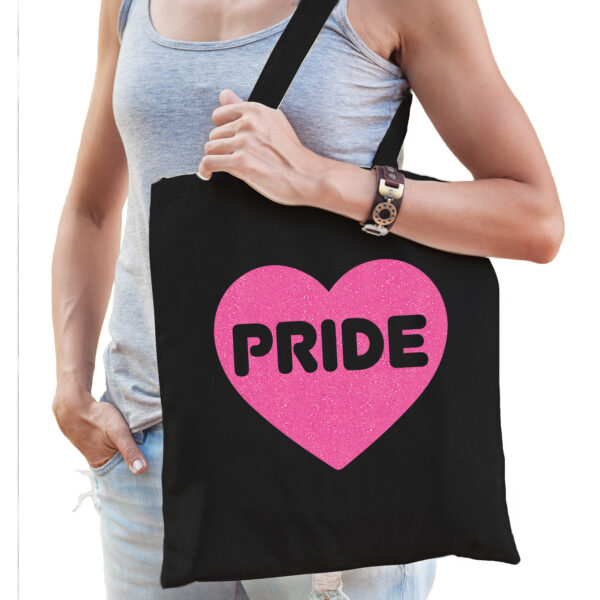 Bellatio Decorations Gay Pride tas dames - zwart - katoen - 42 x 38 cm - roze glitter hart - LHBTI