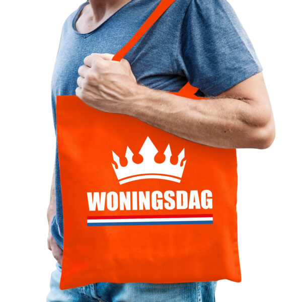Woningsdag tas / shopper oranje katoen met witte tekst en kroon voor heren