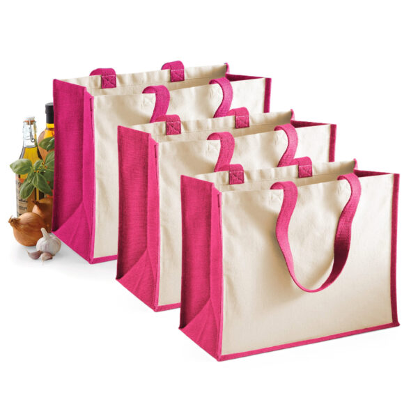 Jute katoenen boodschappentas - 3x - roze/naturel - 44 x 33 x 19 cm