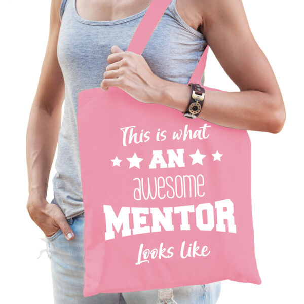 Bellatio Decorations cadeau tas voor mentor - katoen - 42 x 38 cm - licht roze - geweldige mentor