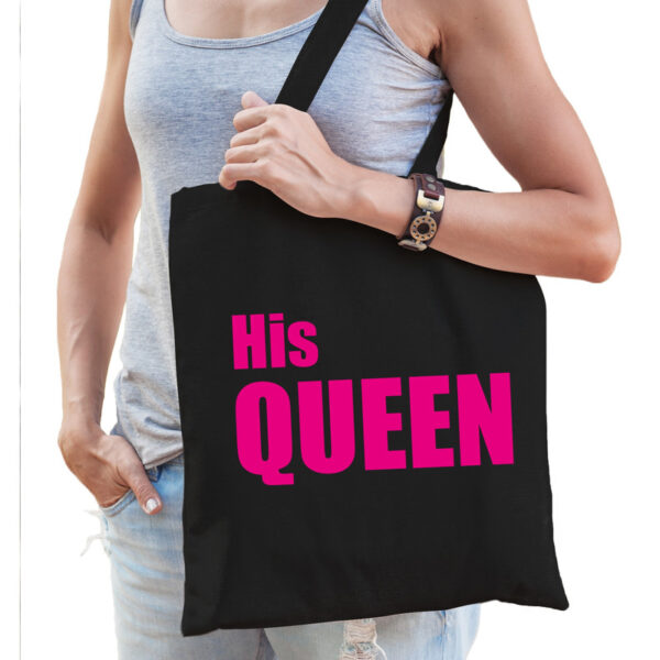 Zwart katoenen tas His queen roze tekst dames