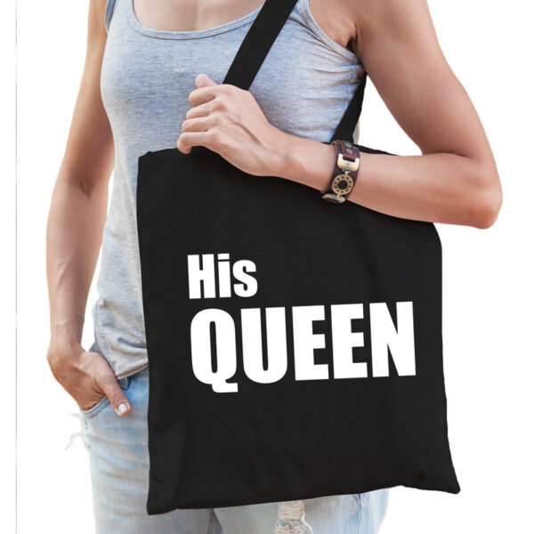 Zwart katoenen tas His queen witte tekst dames