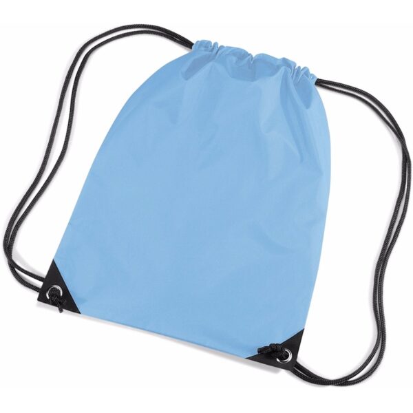 Licht blauwe nylon rugtas met trekkoord
