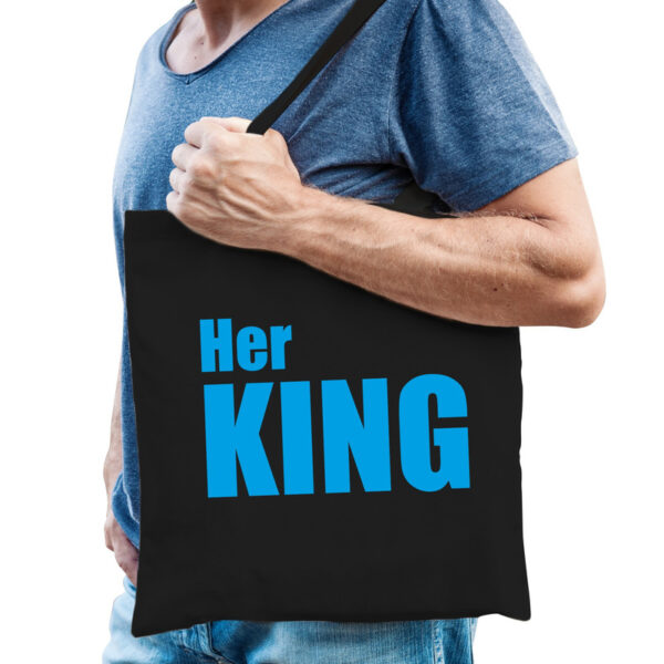 Zwart katoenen tas Her king blauwe tekst heren