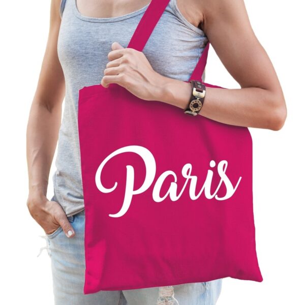 Parijs schoudertas fuchsia roze katoen met Paris bedrukking
