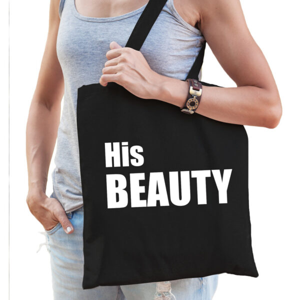 Zwart katoenen tas His beauty witte tekst dames
