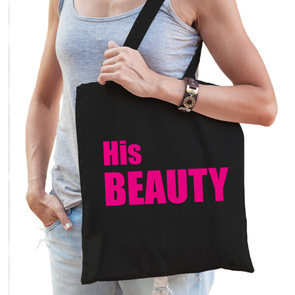 Zwart katoenen tas His beauty roze tekst dames