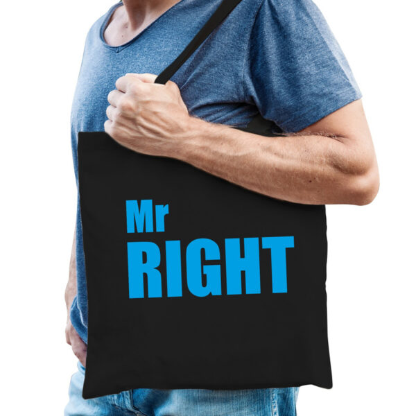 Zwart katoenen tas Mr right blauwe tekst heren