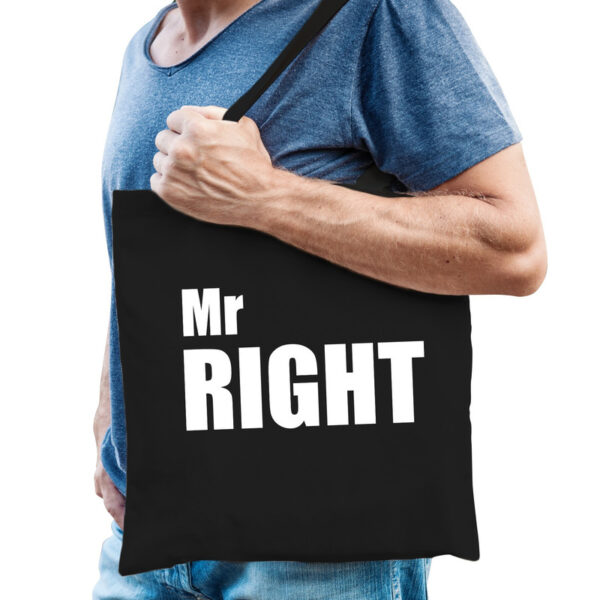 Zwart katoenen tas Mr right witte tekst heren