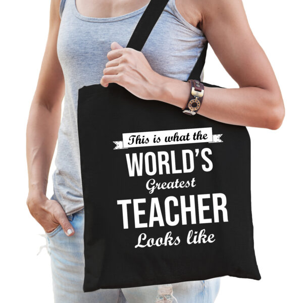 Worlds greatest TEACHER kado tasje voor verjaardag juf zwart voor dames
