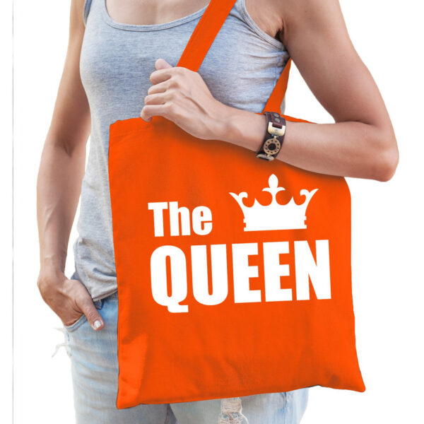 Oranje katoenen tas the queen witte tekst dames