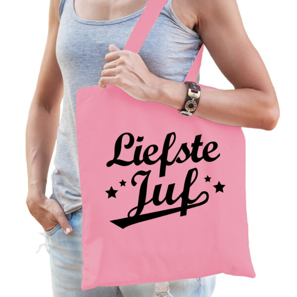 Bellatio Decorations Cadeau tas voor juf - liefste juf - roze - katoen - 42 x 38 cm - juffendag