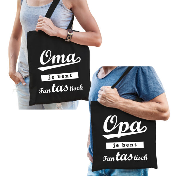 Oma en Opa je bent fanTAStisch tasje zwart - Cadeau tassen set voor Opa en Oma