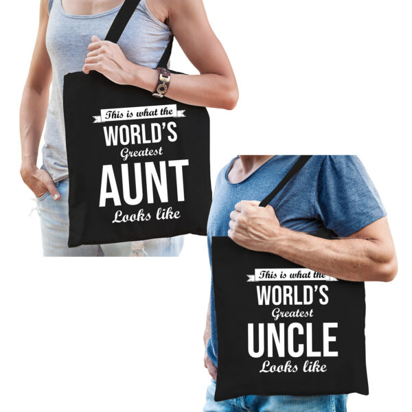 Worlds greatest Aunt en Uncle tasje zwart - Cadeau Oom en Tante