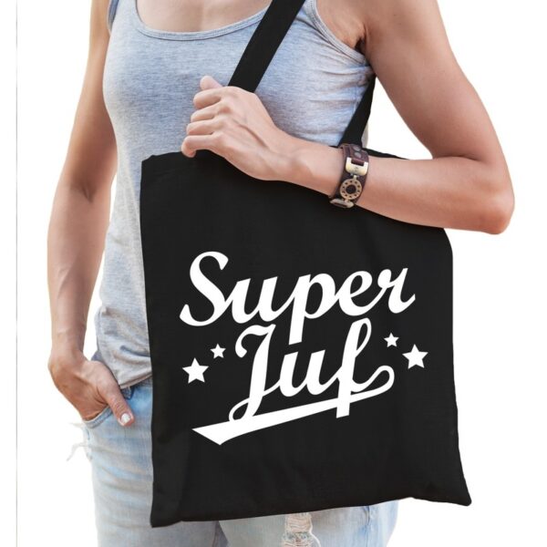 Super juf bedankje cadeau tas katoen zwart