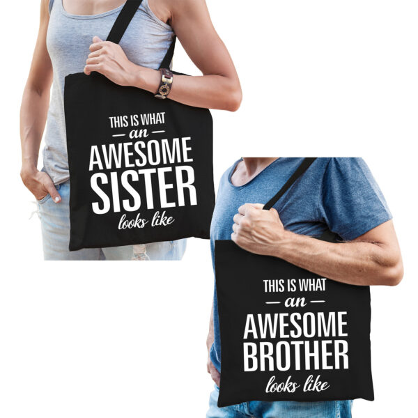Awesome Brother en Sister tasje zwart - Cadeau Broer en Zus