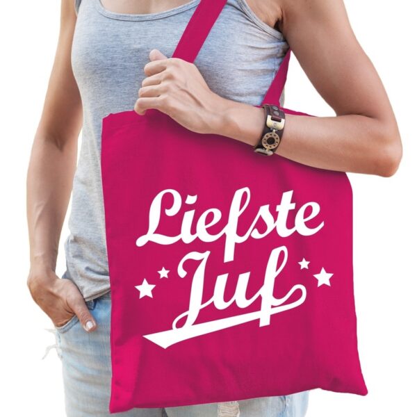 Liefste juf bedankje cadeau tas katoen fuchsia roze