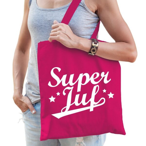Super juf bedankje cadeau tas katoen fuchsia roze